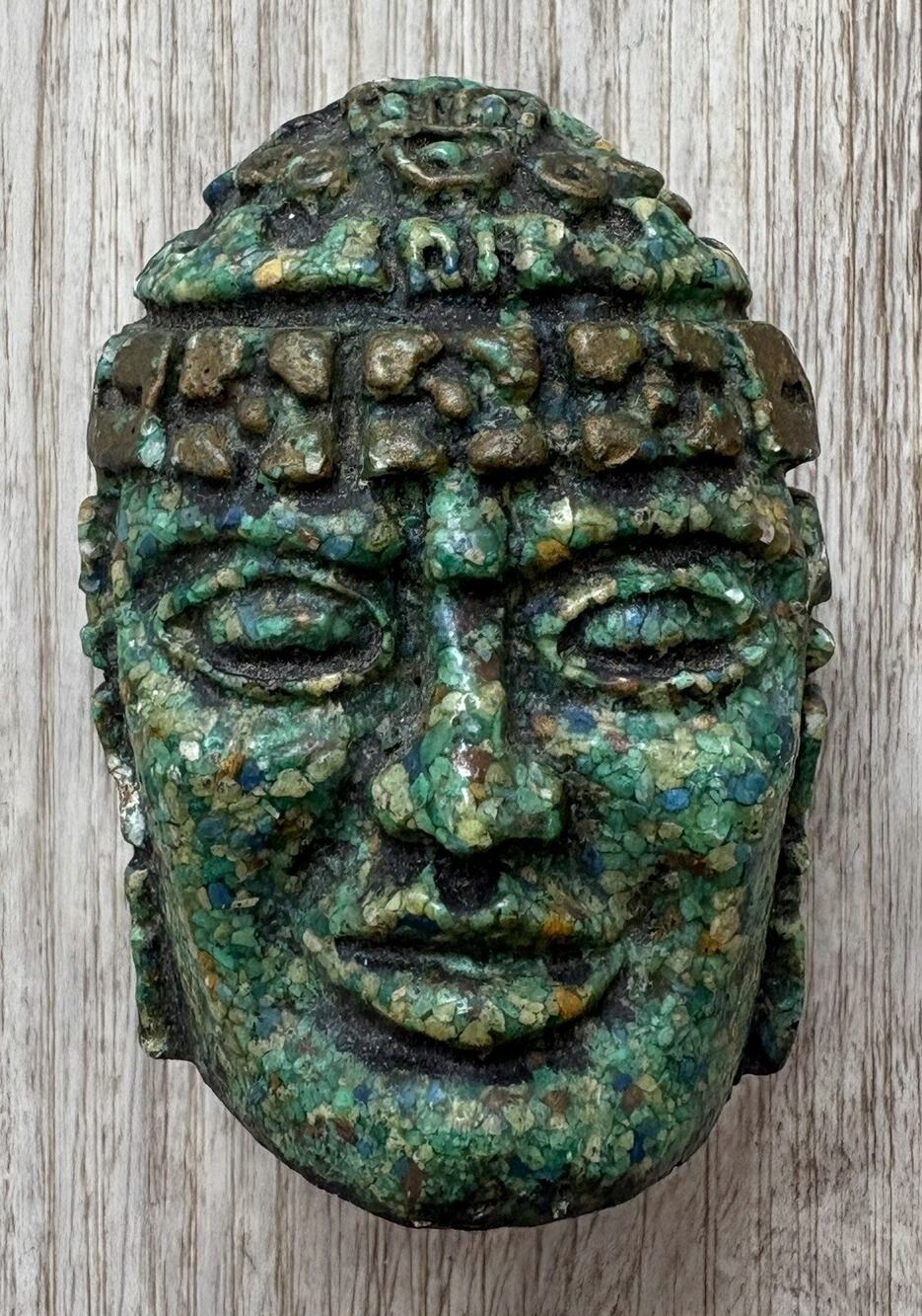 Vintage Mini Mexican Olmec Resin and Crushed Malachite Head, Circa 1960s Rare